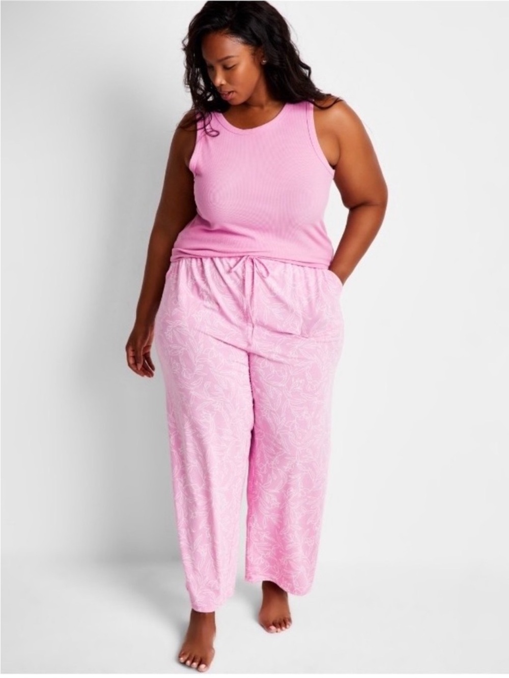 State of Day Pink Ribbed Tank & Printed Lounge Pants Set Size XL